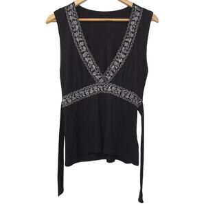 Bay Top Womens 14 Black Silver Embroidered Beaded Tie Back Sleeveless